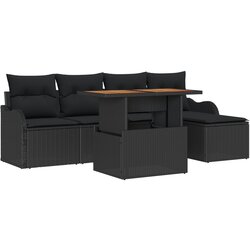 vidaXL 6-dijelni Vrtni Sofa Set s Jastucima Crni Poliratan, 2-sjedala Vrtni Sofa s Odlaganjem i Jastucima Crni Poliratan Cijene