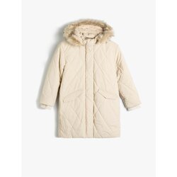 Koton Oversize Long Coat Quilted Faux Fur Detailed Hooded Plush Lined Inside With Flap Pockets Zippered Cene