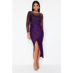Trendyol Purple Tulle Detailed Knitted Elegant Evening Dress Cene