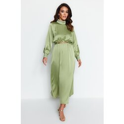 Trendyol Green Belted Collar and Cuff Draped Detailed Woven Hijab Evening Dress Cene
