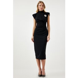  Women's Black Elegant Brooch Gathered Wrap Knitted Dress Cijene