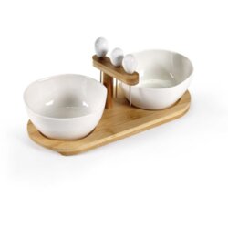 GCasa Set 2 posodic na lesenem podstavku + 3 vilice, 25 x 11 x 12 cm, keramika/les Cene