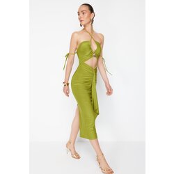 Trendyol X Zeynep Tosun Oil Green Elegant Evening Dress with Knitted Window and Accessory Detail Cijene