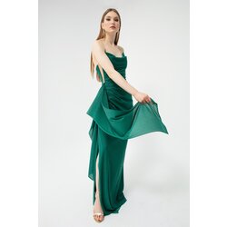 Lafaba Women's Emerald Green Bust Draping with a Slit, Glittery Evening Dress. Cene