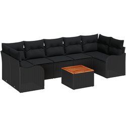 vidaXL 8-dijelni set vrtnog namještaja s jastučićima Crna poli ratan akacija, 2-sjedna vrtna sofa s jastučićima Crna poli ratan Cijene