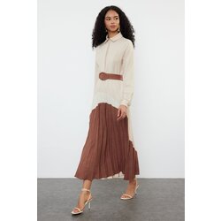 Trendyol Brown Color Block Woven Shirt Dress Cene