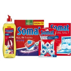 Somat Extra Power So 1,5kg + Machine cleaner u kapsulama 3x20g + Tablete za pranje posuđa All in One Extra 100/1 + Sredstvo za ispiranje Lemon 750ml Cene
