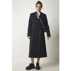  Women's Black Double Breasted Collar Slit Long Coat Cijene