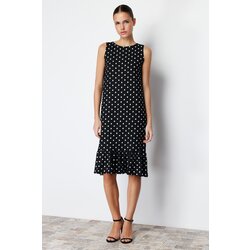 Trendyol black polka dot skirt frilly ribbed flexible knitted midi dress Cene