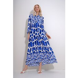 Trend Alaçatı Stili Women's Blue Robe Buttoned Patterned Tiered Flounce Woven Viscose Dress Cene