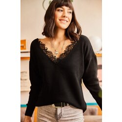 Olalook Women's Black Collar Lace Knitwear Blouse Cene