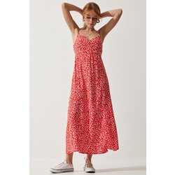  Women's Red Strap Patterned Viscose Dress Cene