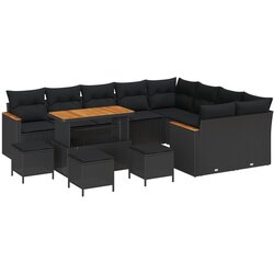 vidaXL set vrtnih sofa od 13 dijelova s jastučićima Crna Poli ratan Akacija, set vrtne blagovaonice od 4 dijela s jastučićima Crna Poli ratan Akacija Cijene