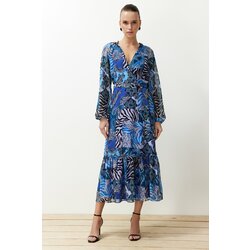 Trendyol blue belted ethnic patterned skirt flounced lined midi woven dress Cene