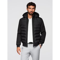 Ombre Quilted bomber jacket with hood and knitted sleeves - black Cene