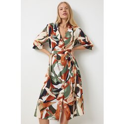  Women's Khaki Tile Patterned Summer Viscose Shirt Dress Cene