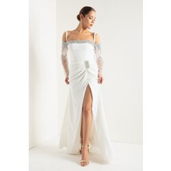 Lafaba Women's White Thin Strappy Stone Long Evening Dress Cene