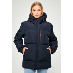 River Club Women's Navy Blue Inner Lined Hooded Water And Windproof Inflatable Winter Coat Cene