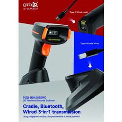  POS-BS4208SRC 2d/OCR CMOS barcode scanner with CRADLE, 2000mAh, 1MP, BT/WiFi Cene
