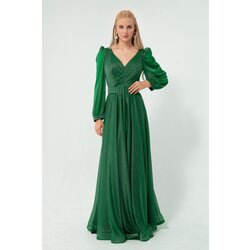 Lafaba Women's Emerald Green Double Breasted Neck Silvery Long Flared Evening Dress Cijene