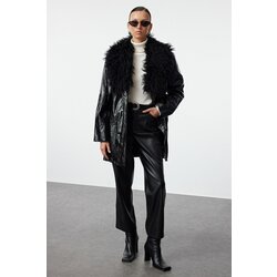 Trendyol Black Fur Detailed Faux Leather Jacket Coat Cene