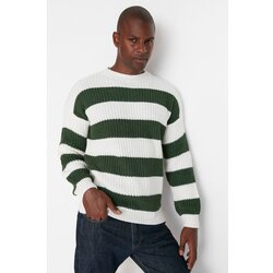 Trendyol Green Men's Oversize Fit Wide Fit Crew Neck Striped Knitwear Sweater Cene