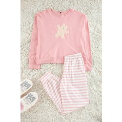 Trendyol Pink Cotton Teddy Bear Printed Striped T-shirt-Jogger Knitted Pajama Set Cene