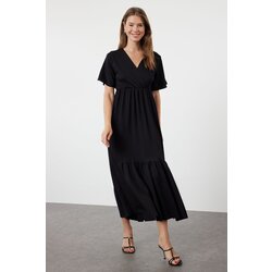  Black Plain Maxi Double Breasted Skirt Ruffle Textured Short Sleeve Flexible Knitted Maxi Dress Knit Dress Cijene