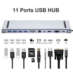 Fast Asia adapter tip-c hub na 4xUSB +SD/micro+RJ45+HDMI+ vga+ pd+ audio Cene