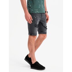 Ombre Men's short denim shorts with rubbing and rolled up leg - gray Cene