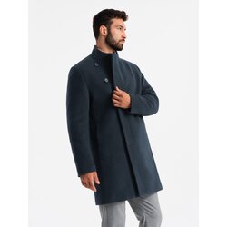 Ombre Men's coat with asymmetrical fastening and high collar - navy blue Cene