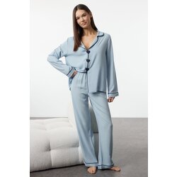 Trendyol Light Blue Heart Ribbed Viscose Woven Pajamas Set Cene