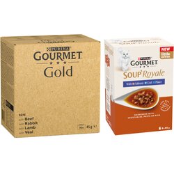 JUMBO pakiranje Gourmet Gold 96 x 85 g - Gold 96 x 85 g Nježni zalogajčići u umaku: govedina, piletina i jetra, losos i piletina, puretina i pačetina + Soup Royale Riblji izbor 48 x 45 g Cene