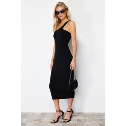 Trendyol black fitted one sleeve stretchy knitted midi knitted midi dress Cene