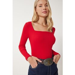  Women's Red Square Collar Corduroy Knitted Blouse Cene
