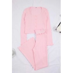 TRENDYOLMILLA ženski set 100% Cotton Waist Detailed Cardigan Ribbed/Pointel Knitted Pajama Set Thmss26Pt00019, svetlo roze-roze Cene