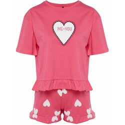 Trendyol Pink Heart Patterned Ruffle Detailed T-Shirt-Shorts Knitted Pajama Set Cene