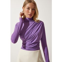 Women's Lilac Gathered Detailed High Neck Sandy Blouse Cene