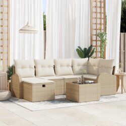 vidaXL Set vrtne sofe s jastučićima Bež poli ratan, Dvosjedna vrtna sofa s odlaganjem i jastučićima Bež poli ratan Cijene