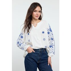 Trendyol White Embroidered Neck Tie Detailed Woven Blouse Cene