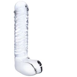 Gläs Glas Realistic Ribbed Glass G-Spot Dildo with Balls Cene
