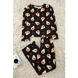 Trendyol Black 100% Cotton Avocado and Heart Patterned Knitted Pajama Set Cene
