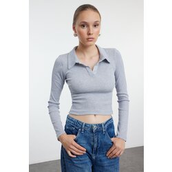 Trendyol Gray Melange Fitted Polo Neck Ribbed Stretchy Knitted Blouse Cene