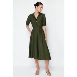 Trendyol Khaki A-line Shirt Collar Guiped Midi Woven Dress Cijene