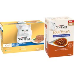 JUMBO pakiranje Gourmet Gold 96 x 85 g - Gold 96 x 85 g Mix (kunić, piletina, losos, bubrezi) + Soup Royale Riblji izbor 48 x 45 g Cene