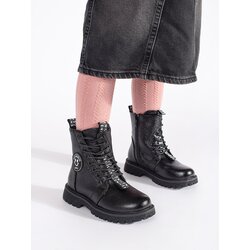 Shelvt black lace-up ankle boots with fur padded Cene