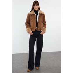 Trendyol brown regular fit plush detailed suede coat Cene