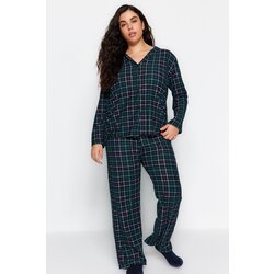 Trendyol Curve Green Shirt Collar Plaid/Check Knitted Pajamas Set Cene