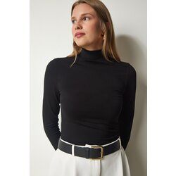  Women's Black High Neck Wrap Elastic Knitted Blouse Cene