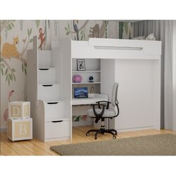  Drveni dječji povišeni krevet DORIAN I s ormarom i radnim stolom - bijeli - 200x90 cm - Madrac od PE pjene s kokosovim slojem 10cm Cijene